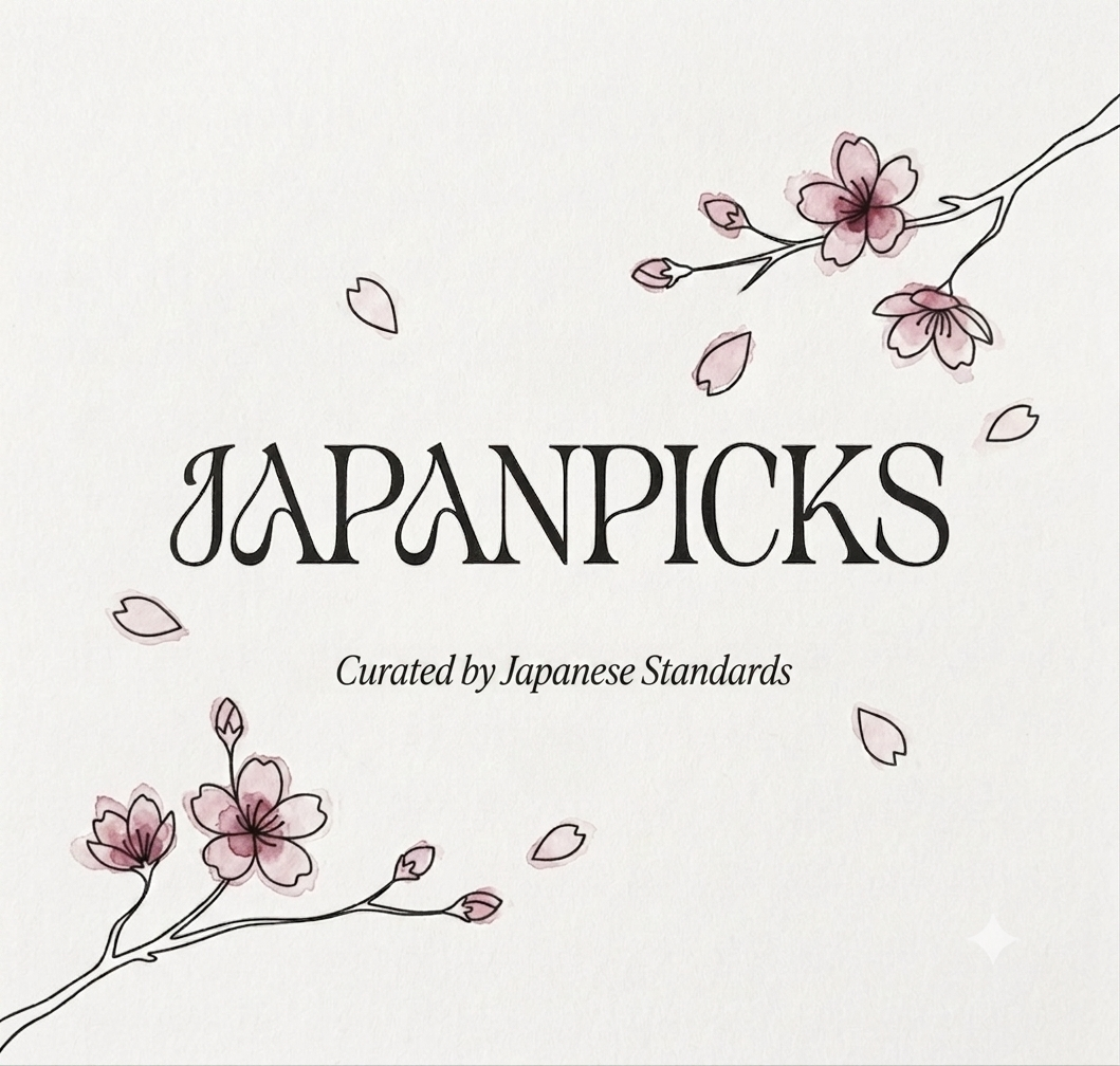 JapanPicks logo — Curated by Japanese Standards, with cherry blossom illustration